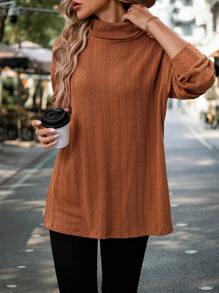 SHEIN LUNE 女士休闲纯色纹理开衩下摆长袖 T 恤，秋冬季基本款 - 棕色 - 查看 6