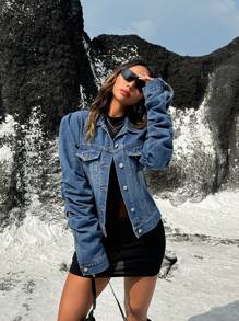 SHEIN ICON 女士牛仔夹克，街头风格性感宽松褶皱蓝色夹克 - 中等水洗藍 - 查看 3