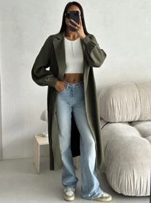 SHEIN Privé 休闲时尚街头宽松灯笼袖纽扣装饰中长款风衣 军绿色 秋冬 - 軍綠色 - 查看 6