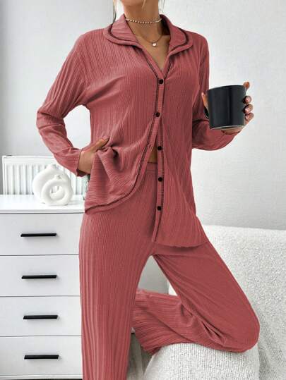 RueChic Set Open Front Contrast Stitching Ribbed Pajama view 6