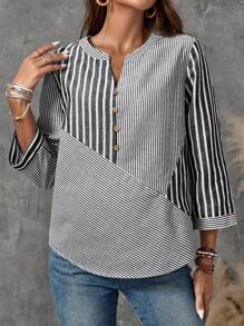 EMERY ROSE Áo cánh cổ ve vá kẻ sọc thường ngày cho nữ, mùa thu - màu đen - Xem 4