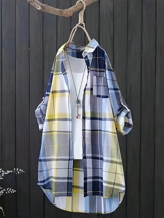 女士格子印花卷袖休闲衬衫