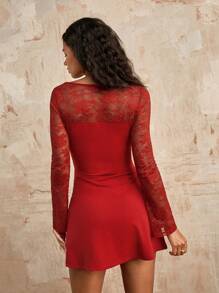 Opulessa Vestido mini de mujer con mangas acampanadas de encaje y contraste para vacaciones