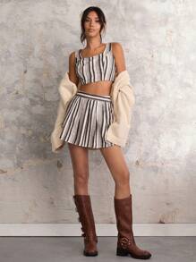 COSMINA Autumn/Winter Women Striped Square Neck Crop Top & Mini Skirt Casual 2-Piece Set - Multicolor - View 3