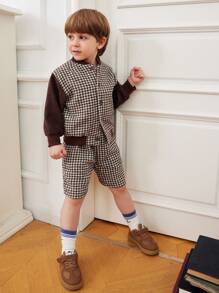 PrepCrw 年轻男孩学院风棕色格子单排扣无领长袖夹克，返校季，秋冬季 - 棕色 - 查看 3