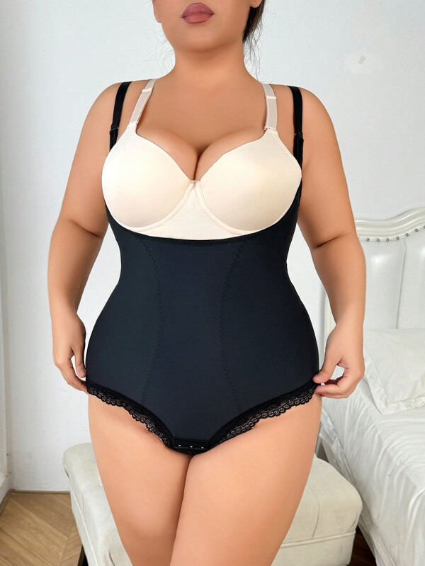 Modelador de una sola pieza con panel de encaje y control de vientre de talla grande con efecto push up