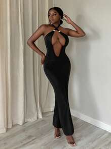 Slaydiva Elegant Sexy Party Women Deep V-Neck Metal Color Block Wide Leg Jumpsuit