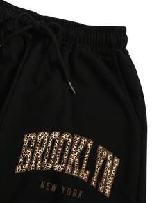 INAWLY Women 2pcs Set Leopard Print Letter Graphic Drawstring Hoodie Sweatshirt & Sweatpants, Casual Outfit For Autumn