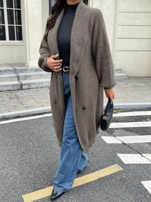 SHEIN Frenchy Suéter largo de otoño de talla grande, suéteres cálidos, ropa para salir, ropa para el aeropuerto, ropa para mujer con solapa grande, cárdigan de botones con mangas largas, informal para uso diario