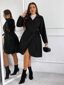 SHEIN Frenchy Plus Size Casual Belted Wrap Overcoat, Autumn/Winter Fall/Winter - Black - View 3