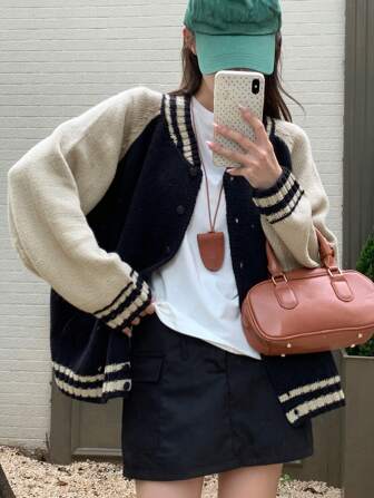 DAZY Women Casual Color Block Button Placket Raglan Sleeve Cardigan, Suitable For Autumn & Winter