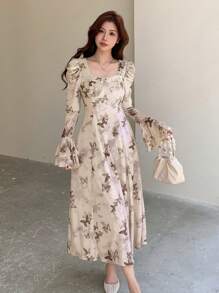 DAZY 女式花卉印花泡泡袖方领中长连衣裙，荷叶边，秋季服装长袖连衣裙 - 杏色 - 查看 5