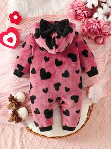 Baby Girl's Casual Heart Printed Zip Up Hooded Jumpsuit With Bow Decor, Fall/Winter - Pink - View 2