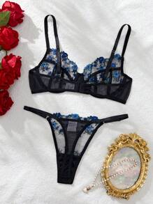 2 piezas Conjunto de lencería sexy negro y rojo bordado para mujer - Azul Marino - Ver 2