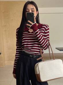 DAZY Suéter holgado de mujer con rayas casual para otoño - Burdeos - Ver 4