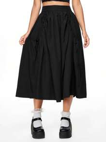 ROMWE Versatile Solid Color Drawstring Waist With Big Pockets A-Line Midi Skirt