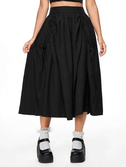 Versatile Solid Color Drawstring Waist With Big Pockets A-Line Midi Skirt