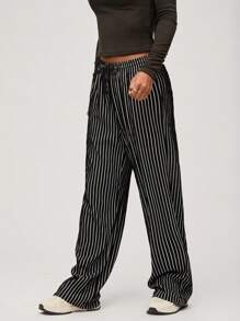 SHEIN BASICS Casual Woven Striped High Waist Wide Leg Loose Fit Women Pants