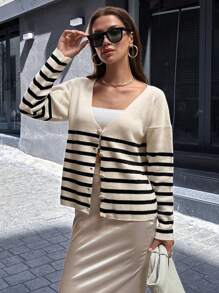 EURMUSE Women Casual Striped Button Front Drop Shoulder Cardigan, Suitable For Autumn - Black and White - View 1