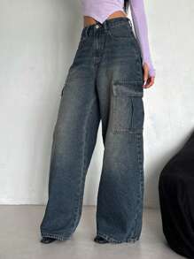 DAZY Jeans cargo de pierna recta holgados y de ajuste suelto para mujer con bolsillos grandes