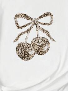 INAWLY Plus Size Crew Neck Short Sleeve Cherry Print Casual T-Shirt Graphic Cheetah Print Tees Women Tops, For Summer - White - View 5