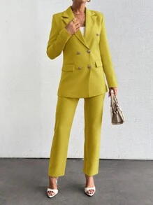 SHEIN Tall Lapel Neck Double Breasted Blazer & Pants - Mustard Yellow - View 3