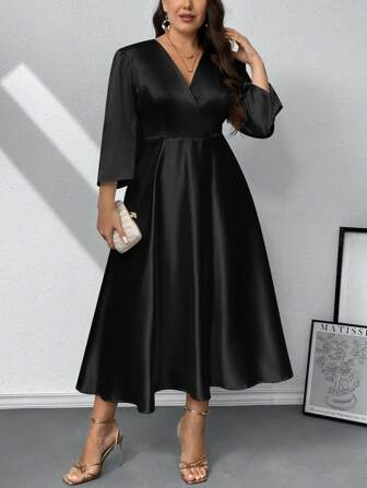 Firerie Damen Große Größen romantisches Swing Maxikleid im V-Ausschnitt mit Langarm, elegant für Hochzeit, Party, Bankett, früher Herbst