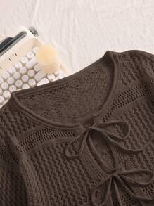 CosyJoli Plus Size Comfortable Casual Vacation Crochet Tie Front Loose Fit Cropped Cardigan, Light Apricot, For Winter,Fall Women Clothes Autumn,Slightly Sheer - Coffee Brown - View 4