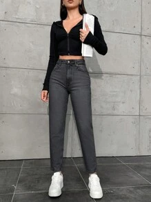 SHEIN Cottnline 女款寬鬆直筒口袋休閒百搭牛仔褲 - 灰色 - 查看 5