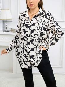 SHEIN Clasi 大码前扣领长袖全印花衬衫 - 黑與白 - 查看 6