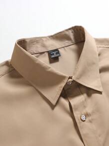 Manfinity Mode Men's Solid Color Front Button Long Sleeve Pocket Casual Shirt, Everyday Wear, For Fall, Formal, Ceremony - Khaki - View 4