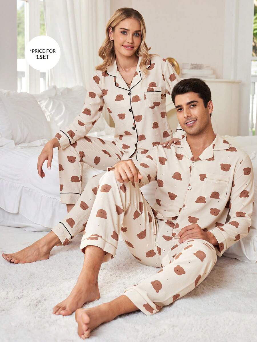Bear Print Lapel Cardigan & Pants Men Pajama Set - Apricot - View 1