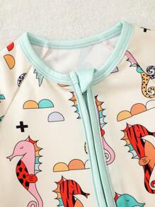 Bộ đồ liền thân liền quần in kỹ thuật số toàn thân dễ thương và thoải mái cho bé gái, họa tiết cá ngựa, màu tương phản, tay dài, khóa kéo phía trước, đồ mặc ở nhà - Màu xanh Bạc hà - Xem 5