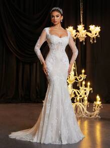 Glamrae 优雅奢华性感V领露背蕾丝透视法式古典蕾丝透视杯形鱼骨荷叶边网眼鱼尾长尾婚纱，白色长袖新娘礼服长袖婚纱新娘礼服新娘礼服白色婚纱新娘白色