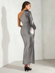 MaterniChic Robe moulante de maternité femme enceinte élégante et ajustée, à manches longues avec col oblique, décoration florale rose, couleur unie brillante - Gris foncé - Voir 2