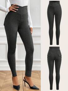 SHEIN Clasi Leggings casuales simples de cintura alta con botón y bolsillo de unicolor para mujer