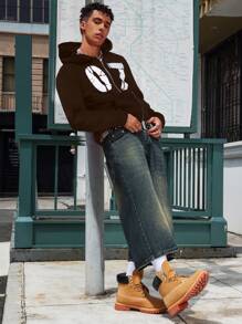 Manfinity Hypemode Sudadera con capucha de corte holgado para hombre con estampado de letras, cremallera delantera y forro térmico