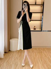 SHEIN Unity Women's Summer Turndown Collar Color Block Short Sleeve Elegant Chinese Style Midi Dress Maxi Women Outfit