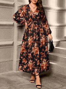 Reflora Vestido Midi Elegante de Manga Lanterna com Decote em V e Estampa Floral para Mulheres Plus Size, Ideal para Uso em Resorts - Preto - Visão 5