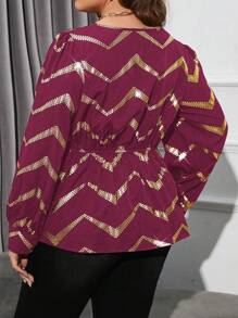 Calvaya Blusa de manga larga con cuello redondo, fruncido delantero y estampado de rayas de ola para mujer de talla grande, otoño