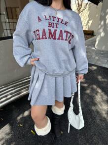 Flirla Plus Size Asymmetric One-Shoulder Long Sleeve Letter Print Sweatshirt & Pleated Mini Skirt 2 Pieces Sets, Casual Cute College Style