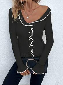 SHEIN LUNE Women's Autumn/Winter Patchwork Ruffle Flare Sleeve Single-Breasted Casual Cardigan - Black - View 6