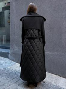 EURMUSE Fuzzy Lapel Zipper Belted Down Padded Coat, Fabric Patchwork, Elegant Style