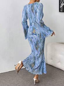 Calvaya Vestido de tul con estampado de teñido anudado, dobladillo de cola de pez ajustada, tela de satén fruncida, color albaricoque, atuendo maxi para mujer