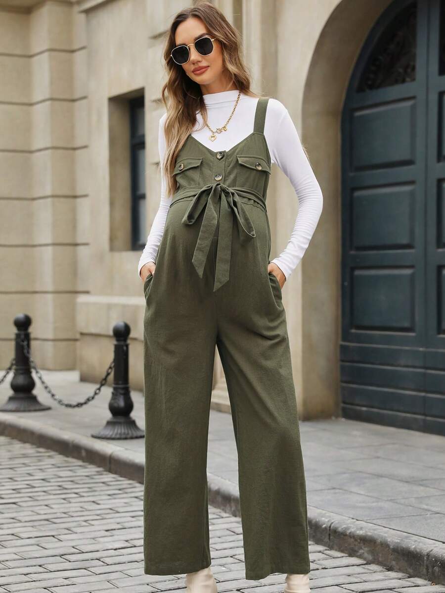 SHEIN Peto de embarazo de unicolor para mujer con tirantes, bolsillos y ajuste ceñido