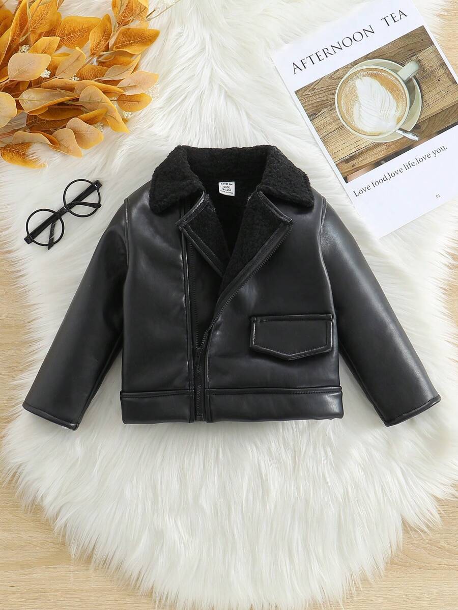 女婴厚拉链皮夹克，摩托领，长袖，黑色 - 黑色 - 查看 1