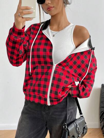 Flirla Minimalist Plaid Pattern Print Long Sleeve Hooded Loose Casual Women Jacket Fall Cloth For Women
