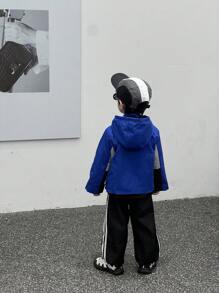SHEIN 1pc Young Boy Korean Style Cute Hooded Contrast Color Splice Warm Winter Jacket With Furry Lining,Cartoon Animal Print Accent,Outdoor School Apparel - Blue - View 2