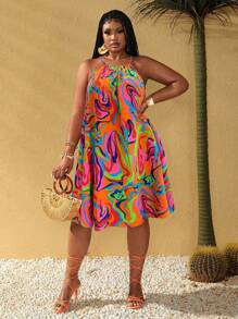 Maweii Jennifer_samantha_style Plus Size All-Over Print Halter Neck Sleeveless Casual Vacation Dress, Summer, For Apple Rounded Body Shape
