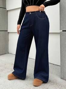 SHEIN ICON Plus Size Street Style Sexy Loose Flare Jeans, Blue - Dark Wash - View 6